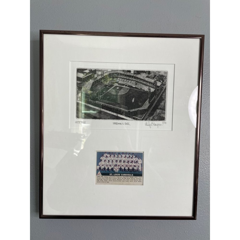 Sportsman Park Etching by Philip C. Thompson with 1956 Topps St. Louis Cardinals
